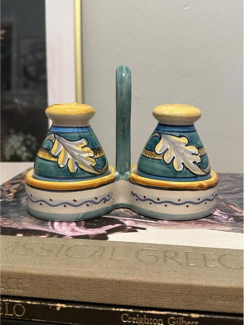 Deruta Italy Italian Pottery Raffaellesco Salt and Pepper Set With Caddy
